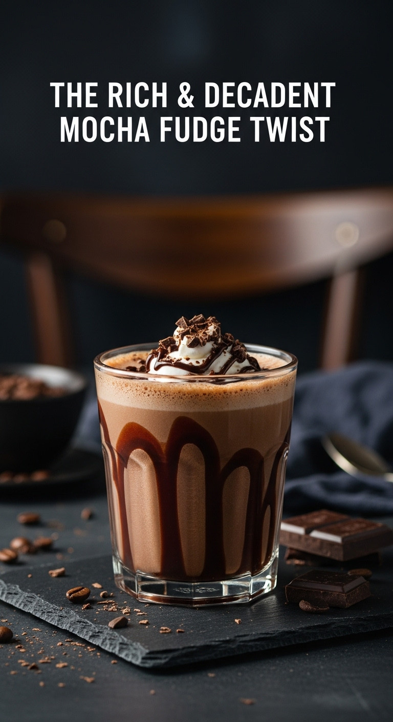Rich mocha punch with chocolate fudge drizzle whipped cream and chocolate shavings in a glass on a dark slate surface