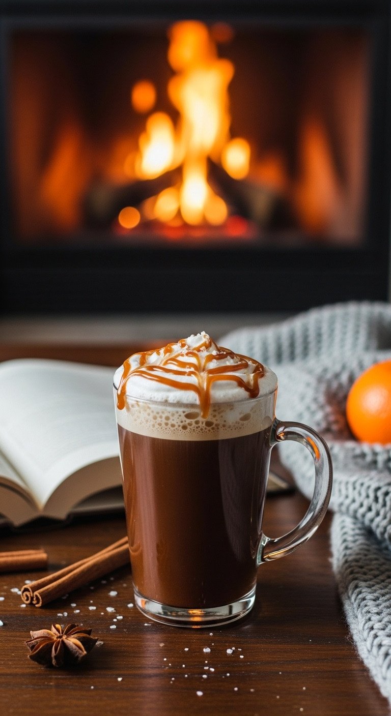 Rich salted caramel mocha in a tall glass mug with whipped cream, caramel, and sea salt by a fireplace