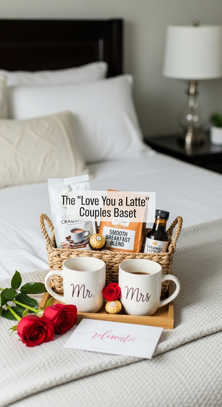 Romantic basket with two matching mugs, breakfast blend coffee, chocolate truffles, and caramel syrup on a plush blanket