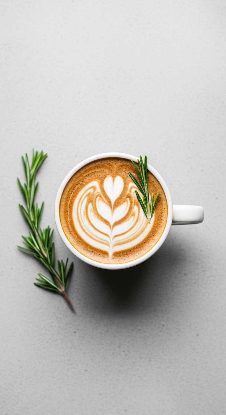 Rosemary Latte in a minimalist white ceramic cup with latte art and a fresh rosemary sprig on a light gray stone surface