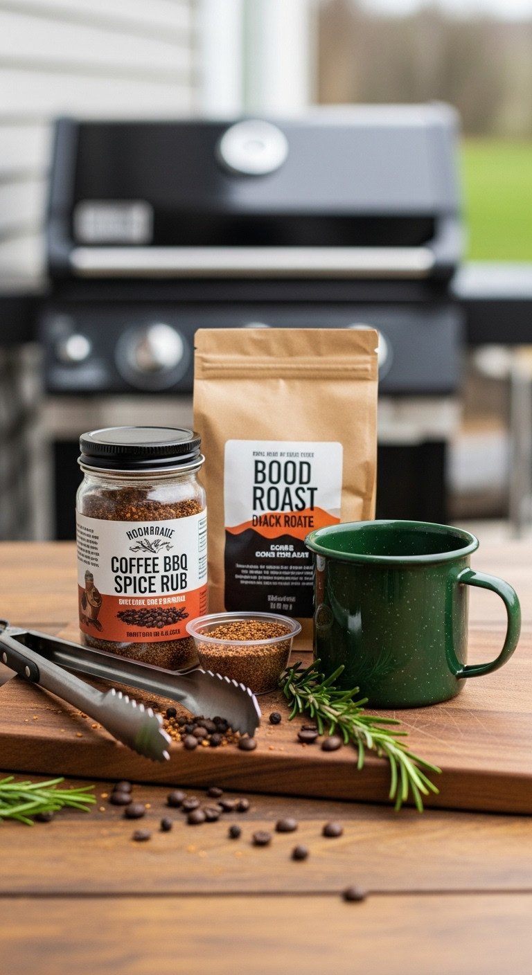 Rugged grill master coffee gift basket with BBQ rub dark roast coffee and enamel mug on a rustic table