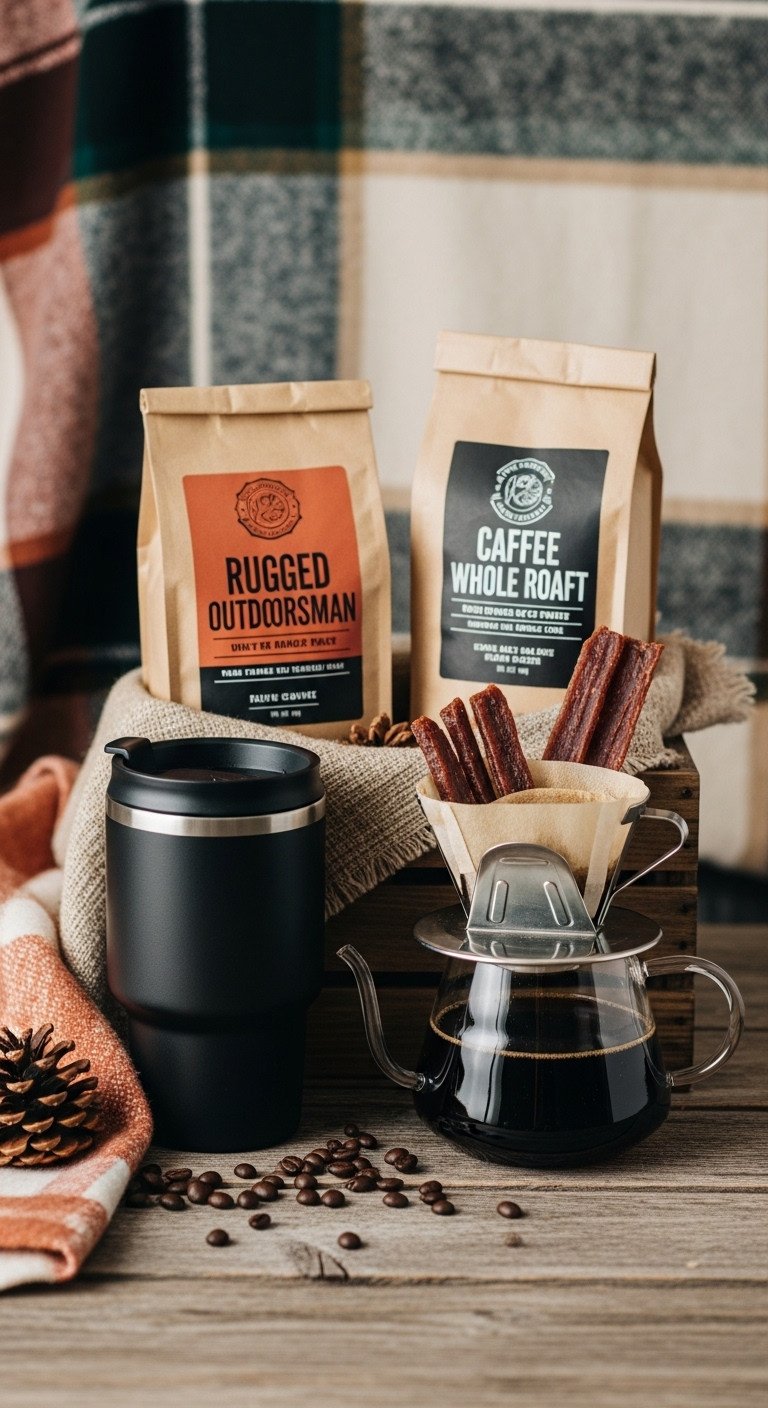 Rugged outdoorsman coffee gift basket for men with travel mug dark roast coffee pour-over dripper and beef jerky in a wooden crate