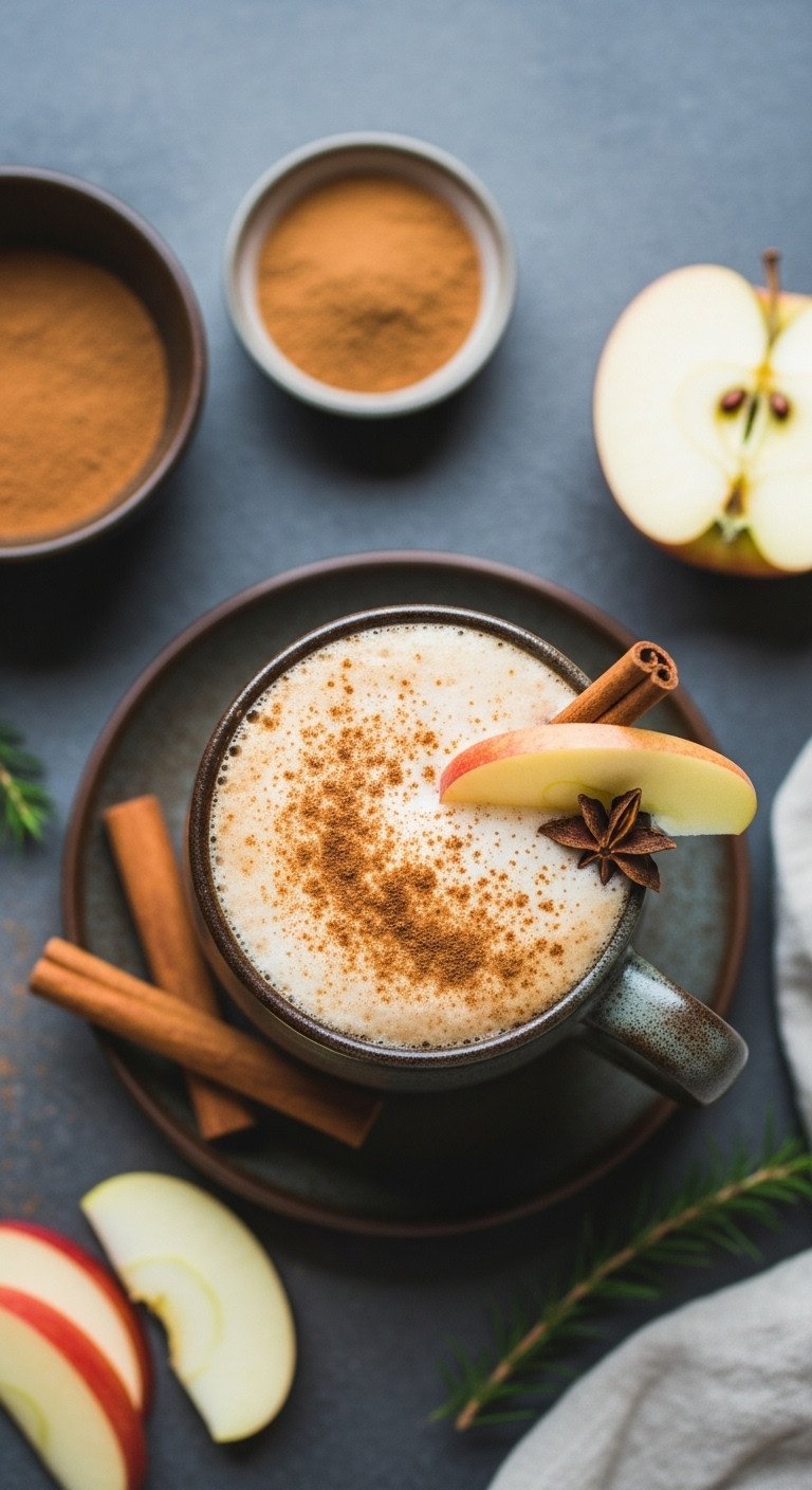 Rustic Apple Cinnamon Latte with apple slice and cinnamon stick on a stone surface with fresh apples and cinnamon