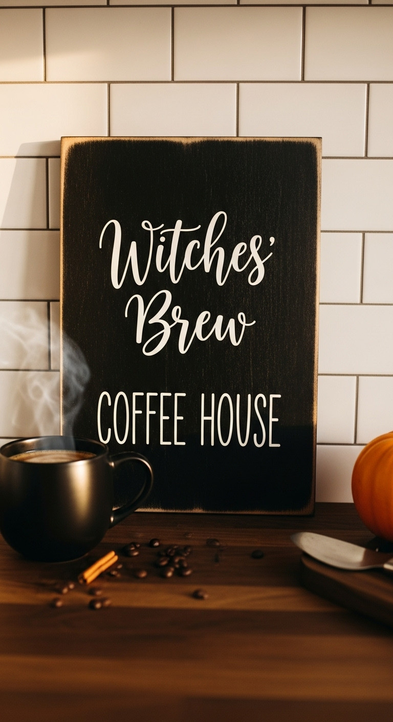 Rustic DIY Halloween coffee bar sign Witches Brew Coffee House on dark wood countertop with steaming mug and mini pumpkin