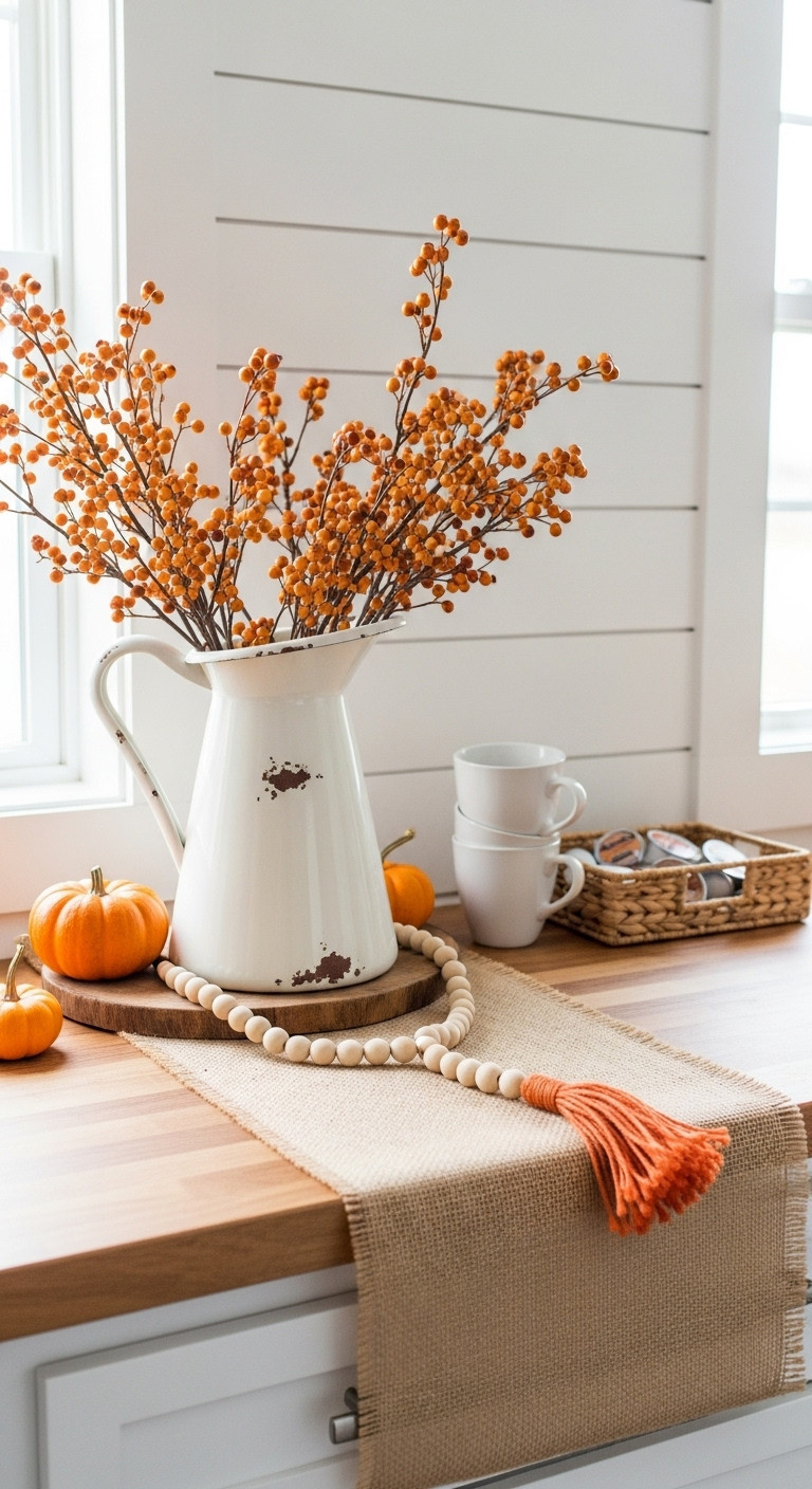 Rustic Farmhouse Pumpkin Patch vintage Halloween coffee bar with distressed white pitcher burlap runner wooden bead garland and mini pumpkins