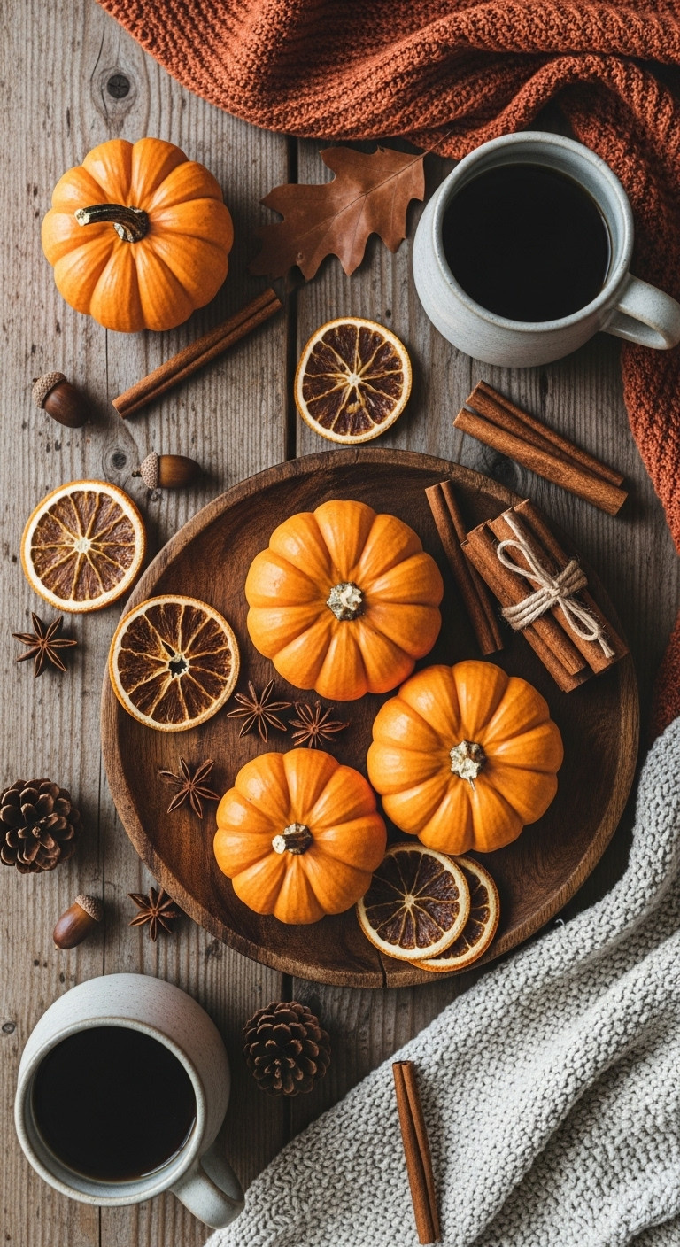 Rustic Halloween coffee bar with mini pumpkins cinnamon sticks dried orange slices stoneware mug acorns and knit textile on reclaimed wood
