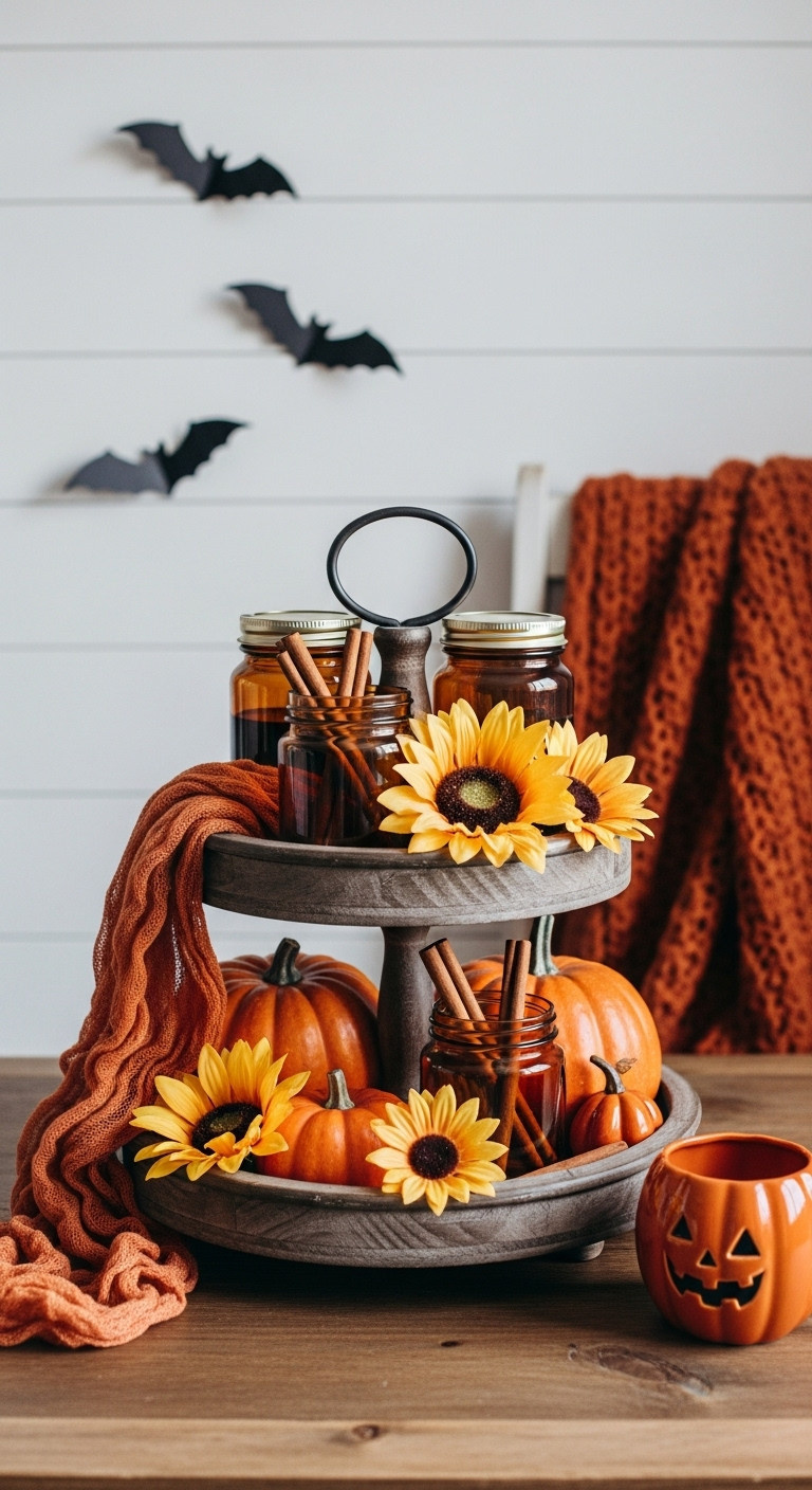 Rustic Trick-or-Treat Halloween coffee corner with tiered tray pumpkins sunflowers cinnamon sticks coffee syrups cheesecloth bats knit blanket