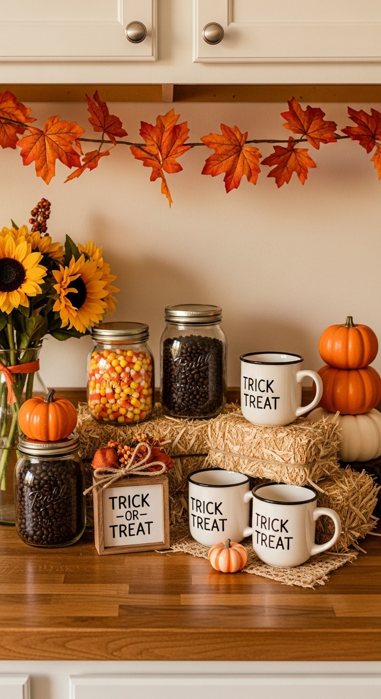 Rustic Trick or Treat Stand Halloween kitchen coffee bar with candy corn coffee beans wooden sign mugs on hay bales and fall decor