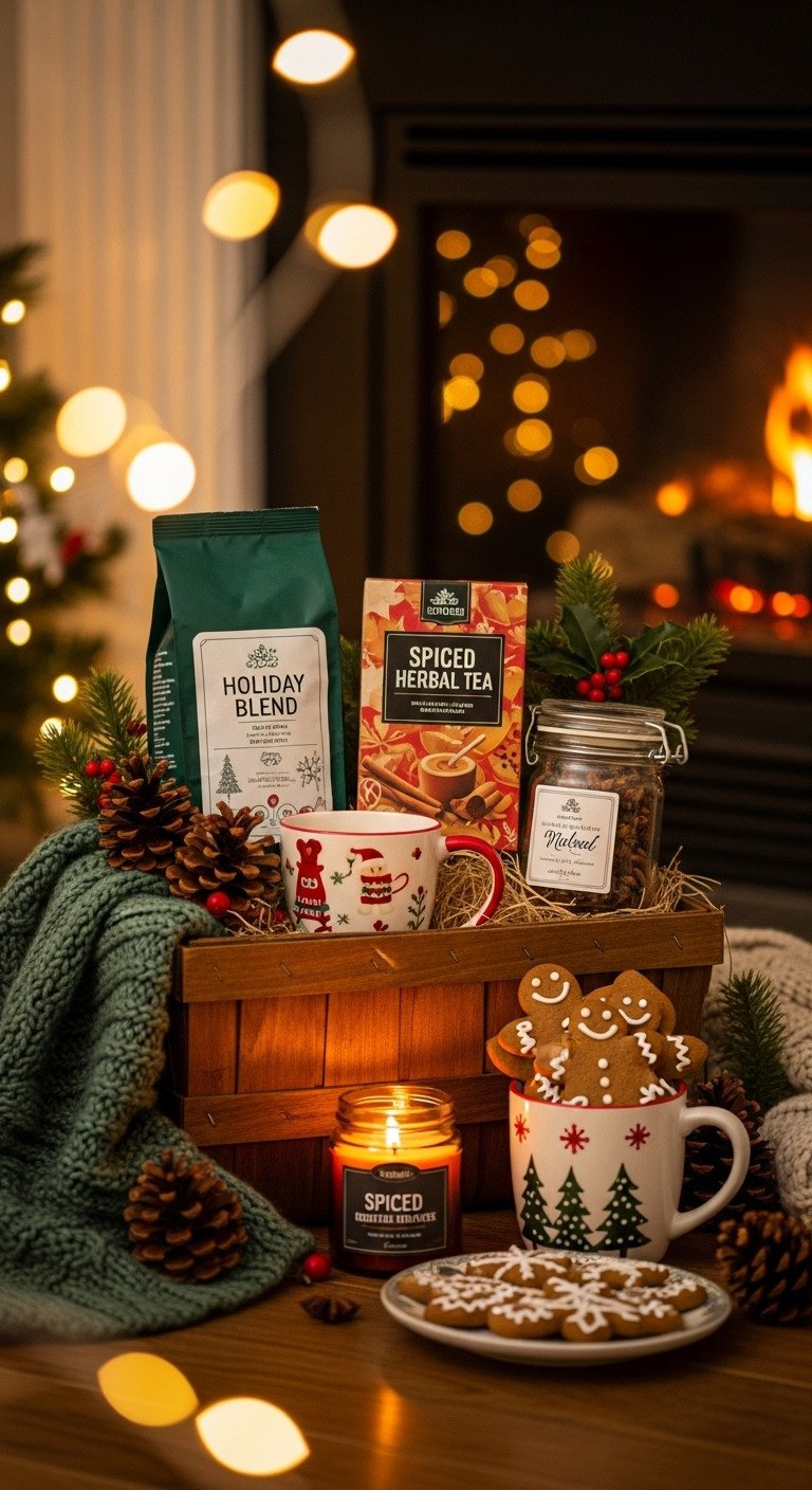 Rustic basket with holiday blend coffee spiced herbal tea festive mug mulling spices scented candle and gingerbread cookies