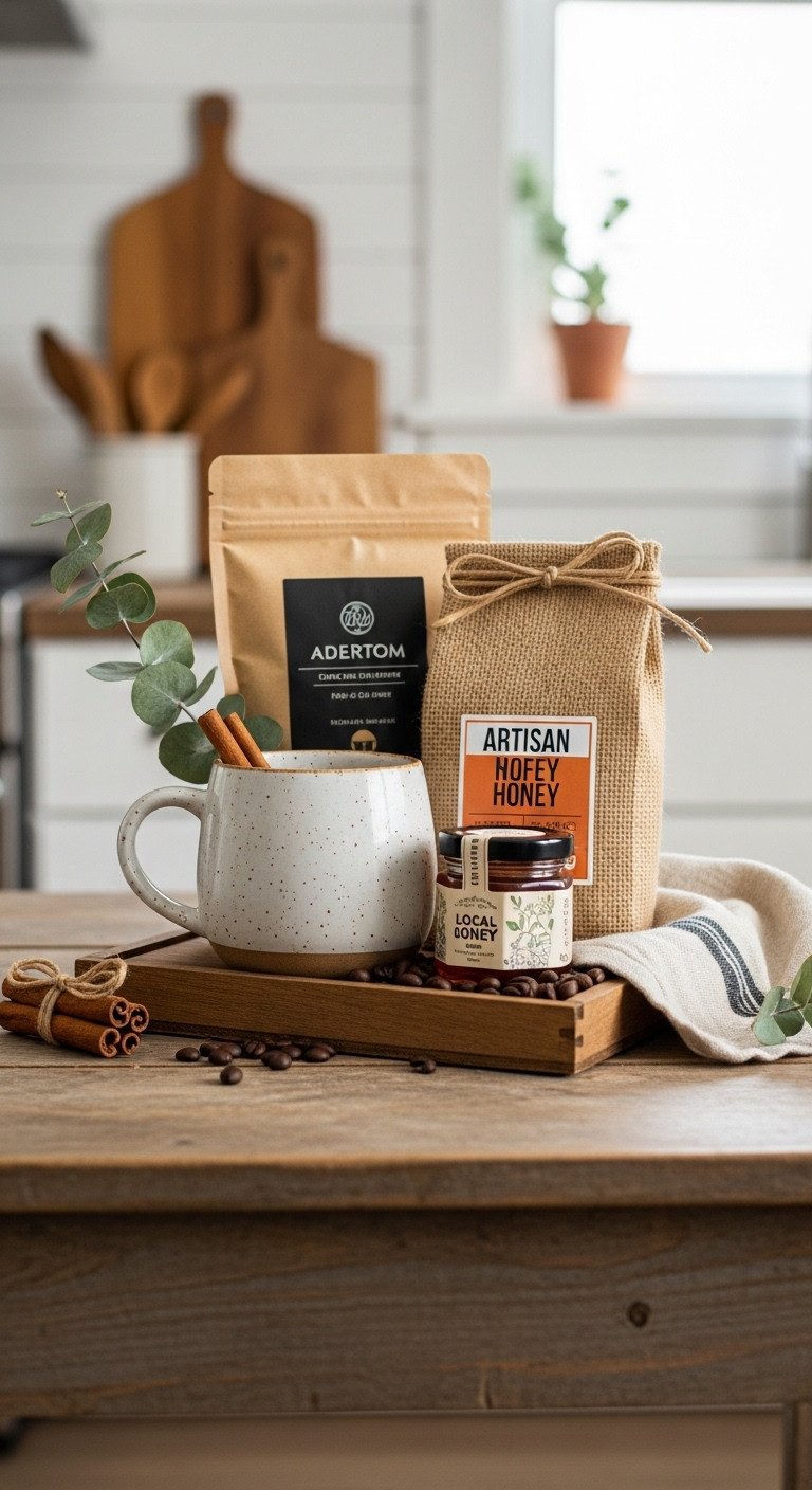 Rustic farmhouse coffee gift basket with speckled mug burlap coffee beans and local honey in wooden crate on distressed table