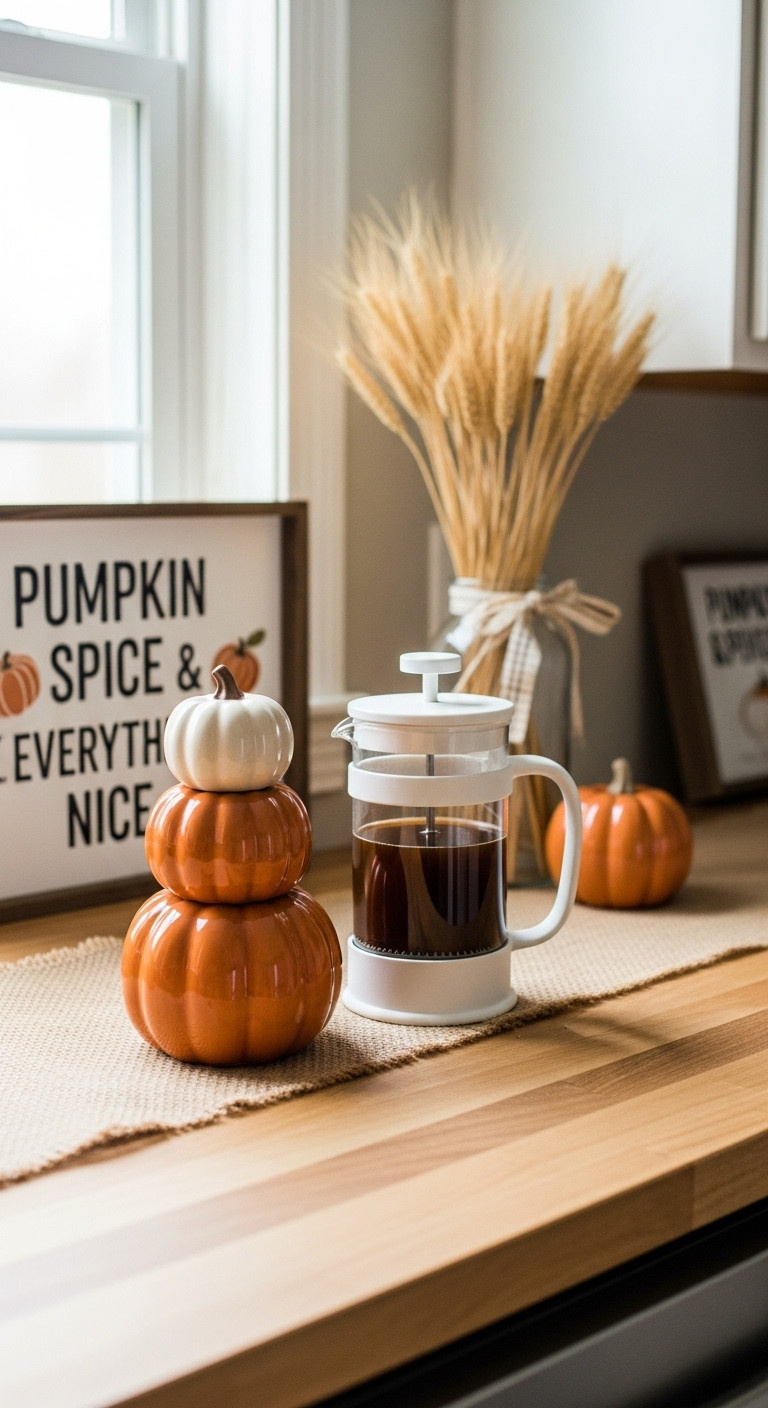 Rustic farmhouse pumpkin themed Halloween coffee bar with ceramic pumpkins French press burlap runner and dried wheat stalks