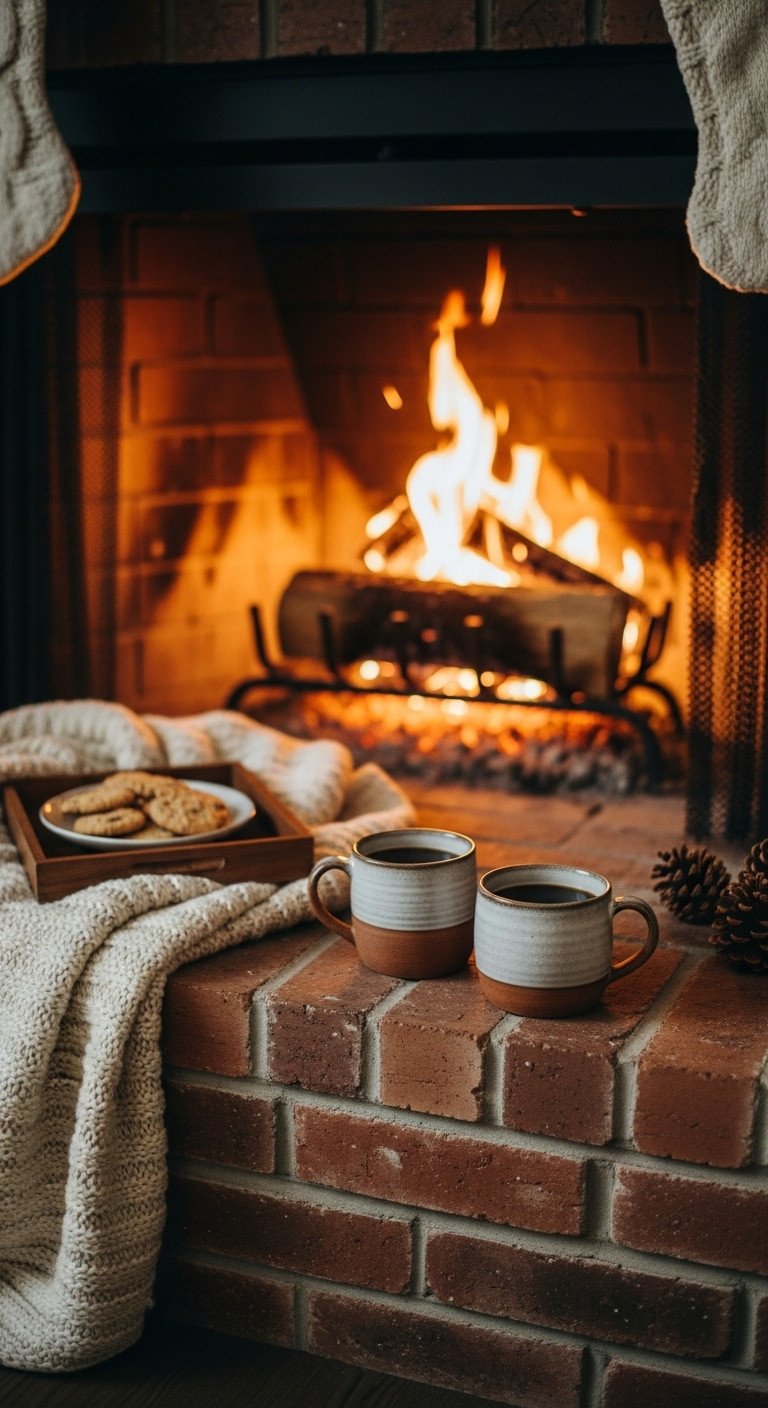 Rustic fireplace hearth with cozy coffee mugs, a knit blanket, and cookies, fire gently blurred in background. Inviting holiday scene.