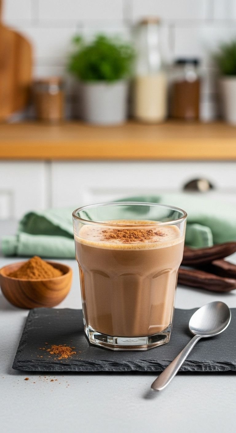 7 Fun And Easy Cold Coffee Recipes Your Kids Will Love 11 Rustic glass with creamy dark brown carob milk drink, a healthy caffeine-free faux-coffee, with carob powder on slate.