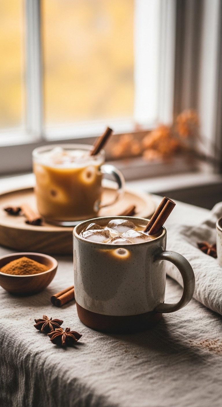 9 Delicious Healthy Iced Coffee Recipes To Make At Home 15 Rustic mug of spiced cinnamon iced coffee with cinnamon stick, ground cinnamon, star anise. Cozy, aromatic autumn recipe.