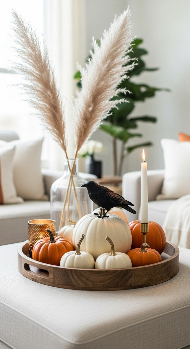 Rustic tray with white and orange pumpkins and a black raven figurine for spooky chic autumn coffee table decor