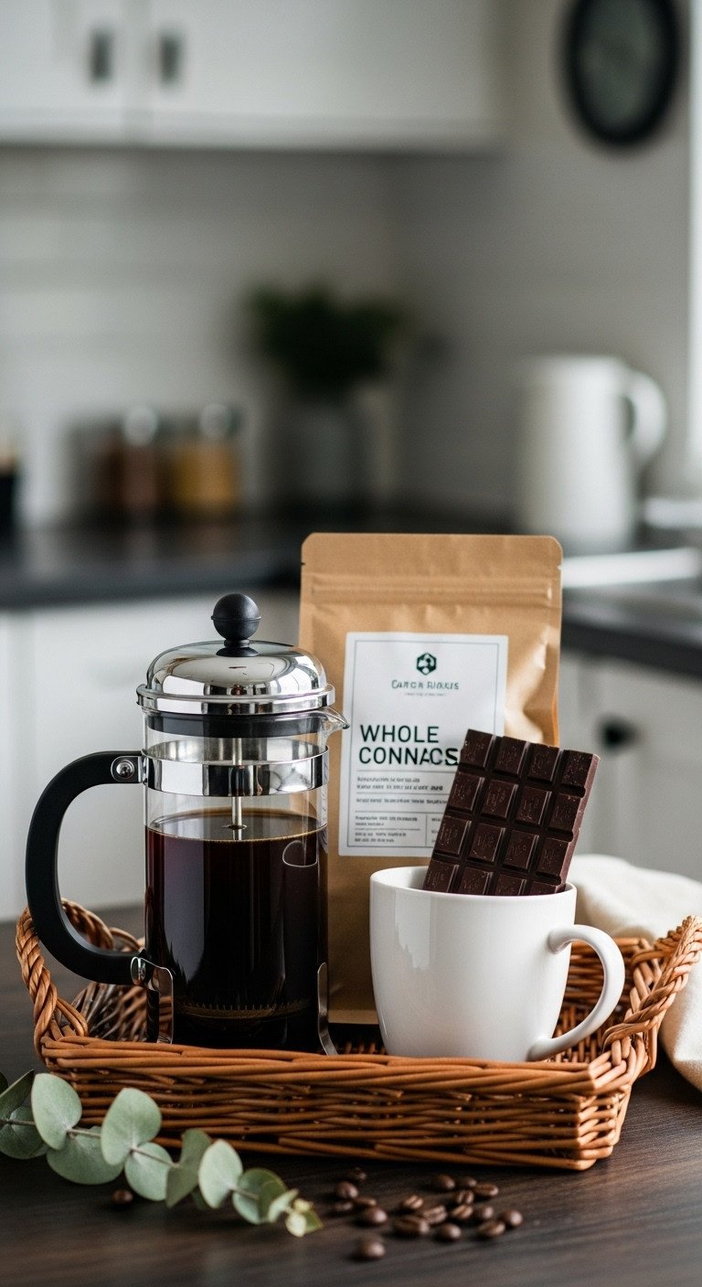 Rustic wicker basket with glass French press, artisanal coffee beans, dark chocolate bar, and white ceramic mug on a wooden table