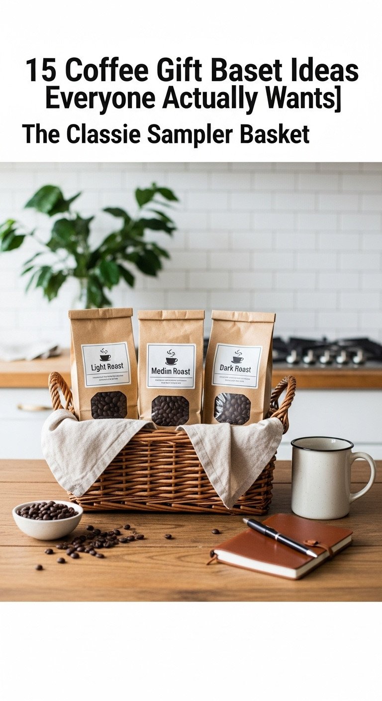 Rustic wicker basket with three coffee bean bags, ceramic mug, coffee tasting journal, and pen on a wooden table