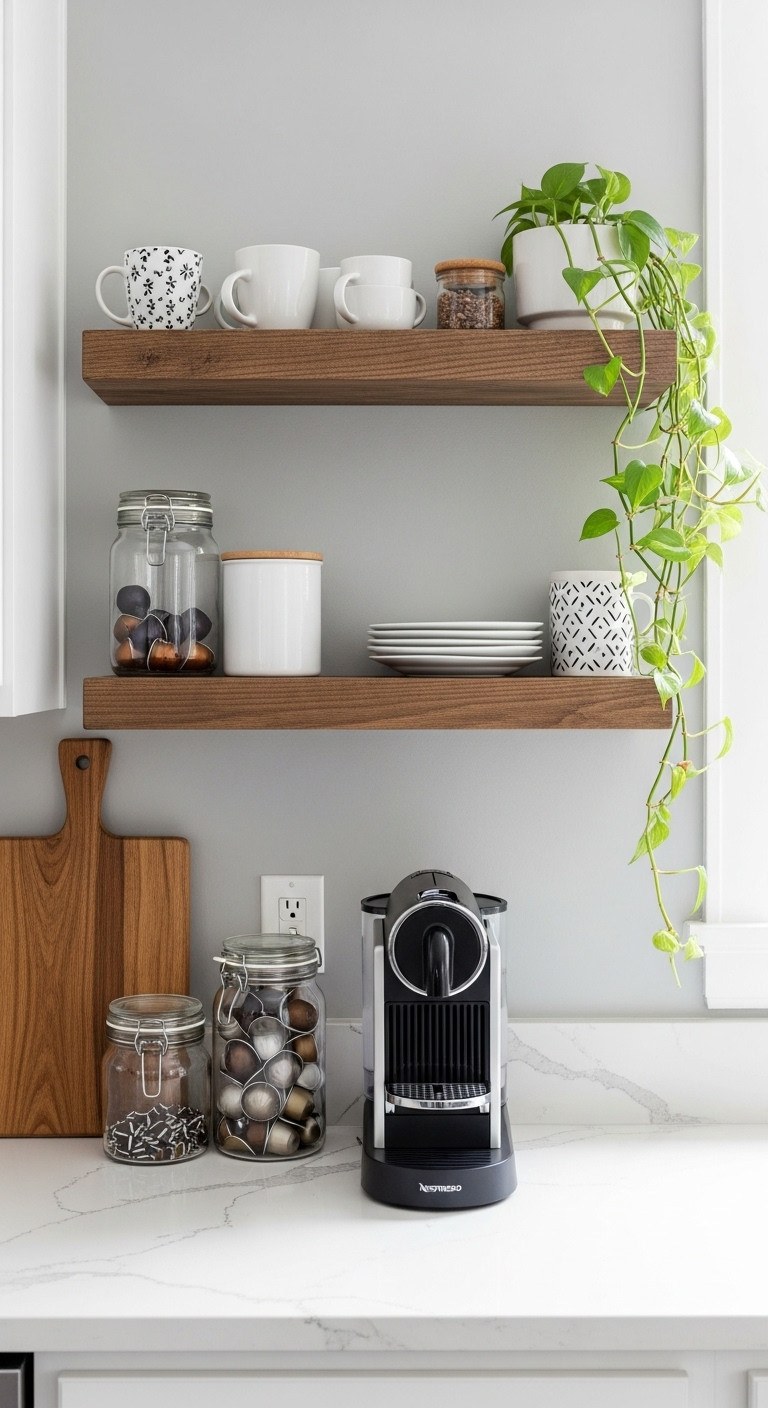Rustic wood floating shelves organizing mugs canisters and Nespresso pods above a compact machine in a small kitchen