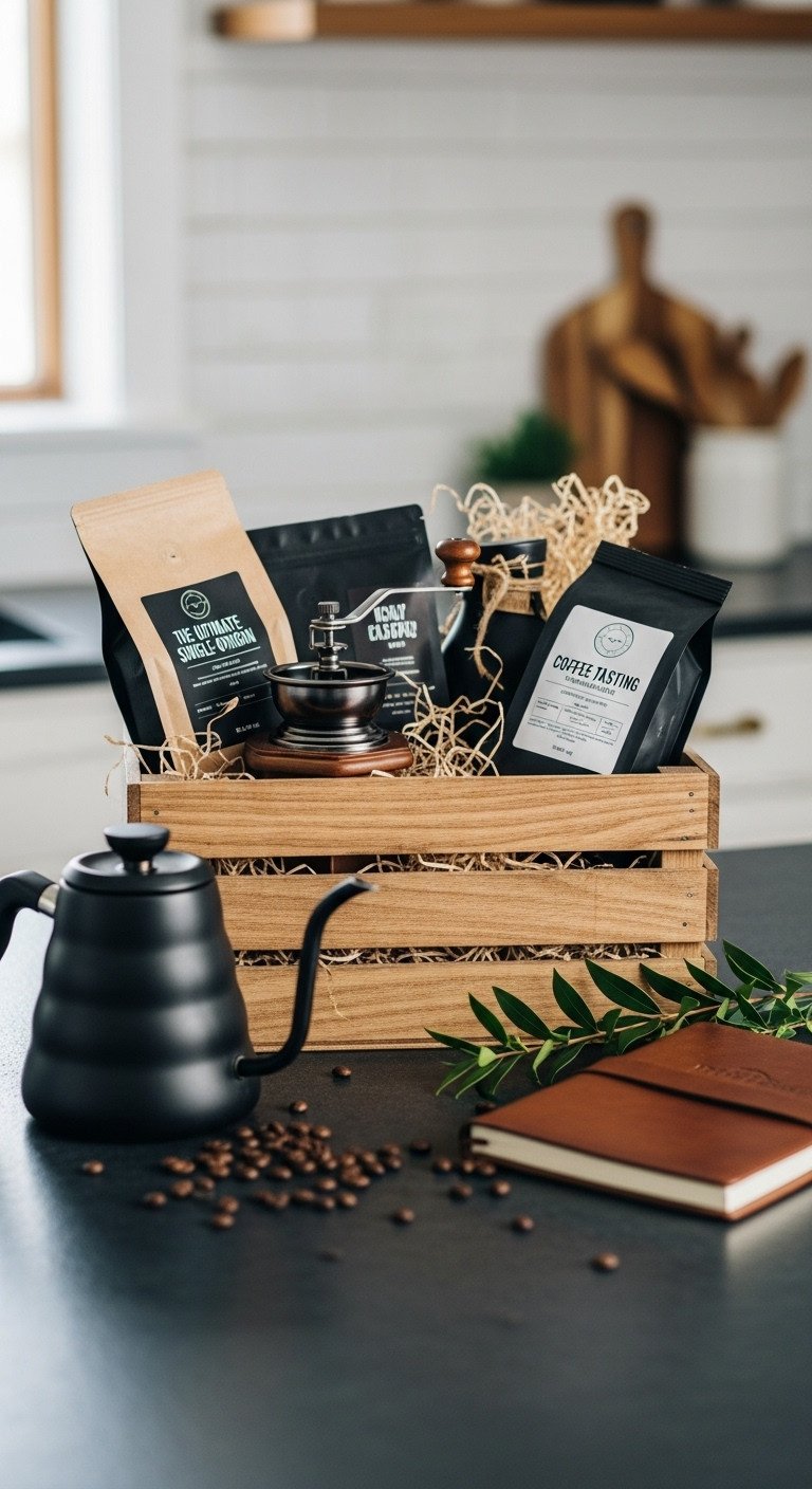 Rustic wooden crate filled with single origin coffee beans manual grinder gooseneck kettle and leather journal in a modern kitchen