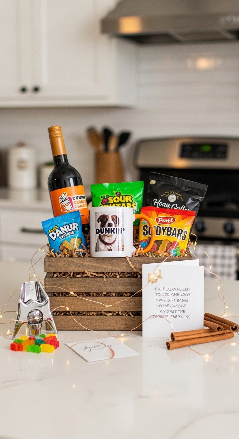 Rustic wooden crate with Dunkin Donuts coffee preferred wine dog picture mug and sour gummy bears on a kitchen table