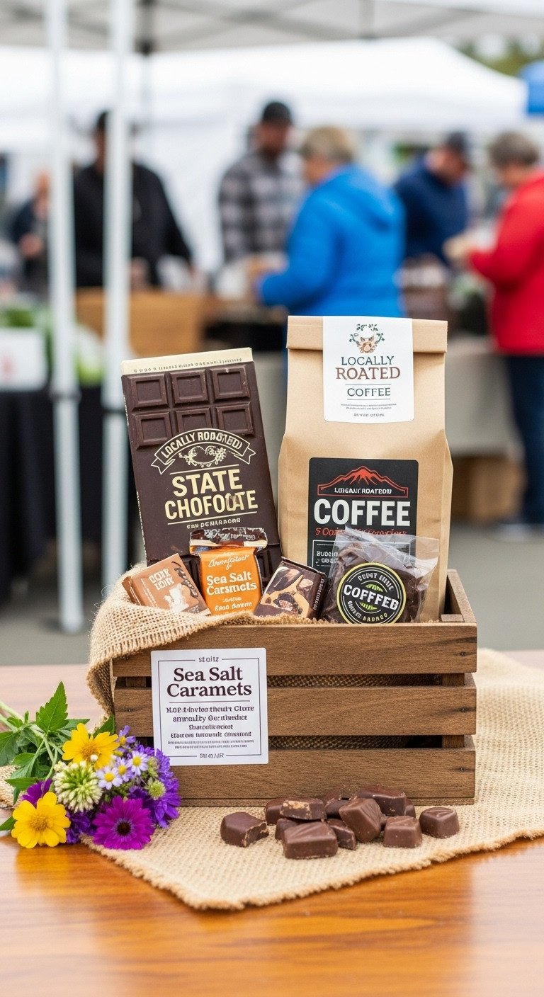 Rustic wooden crate with locally roasted coffee a state branded chocolate bar sea salt caramels and handcrafted chocolates