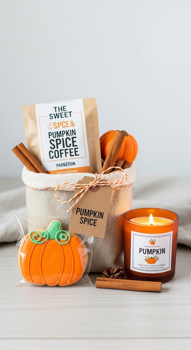 7 Cozy Pumpkin Spice Coffee Gift Basket Ideas To Delight All 11 Rustic wooden crate with pumpkin spice coffee fall themed mug wooden pumpkin wood bead garland and pumpkin themed cushion