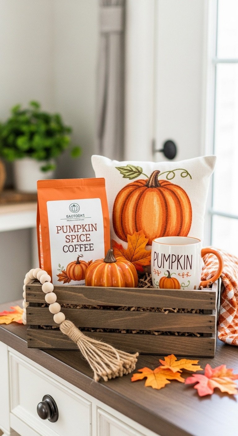 7 Cozy Pumpkin Spice Coffee Gift Basket Ideas To Delight All 9 Rustic wooden crate with pumpkin spice coffee fall themed mug wooden pumpkin wood bead garland and pumpkin themed cushion