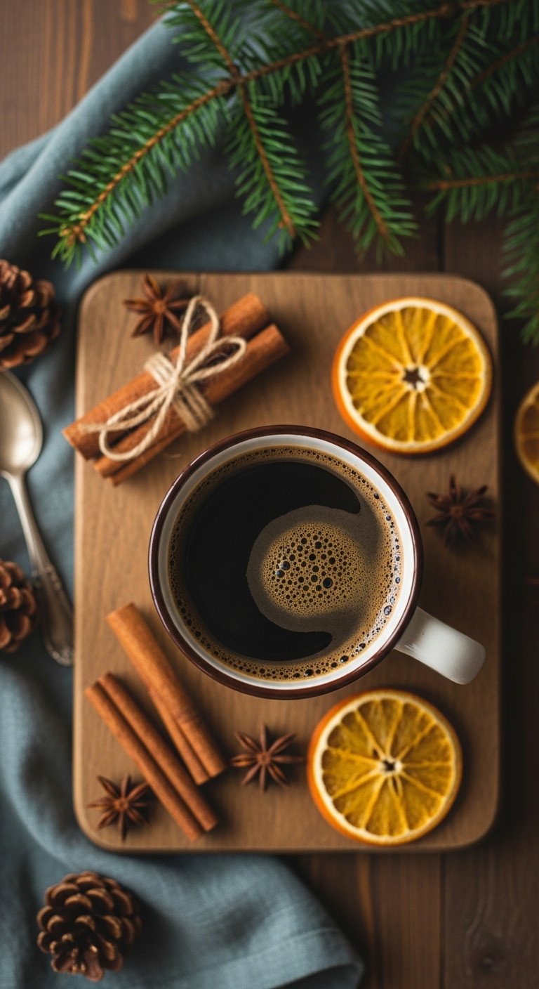 Rustic woodland coffee brew on a wooden board, surrounded by star anise, cinnamon, dried oranges, pine, and pinecones.