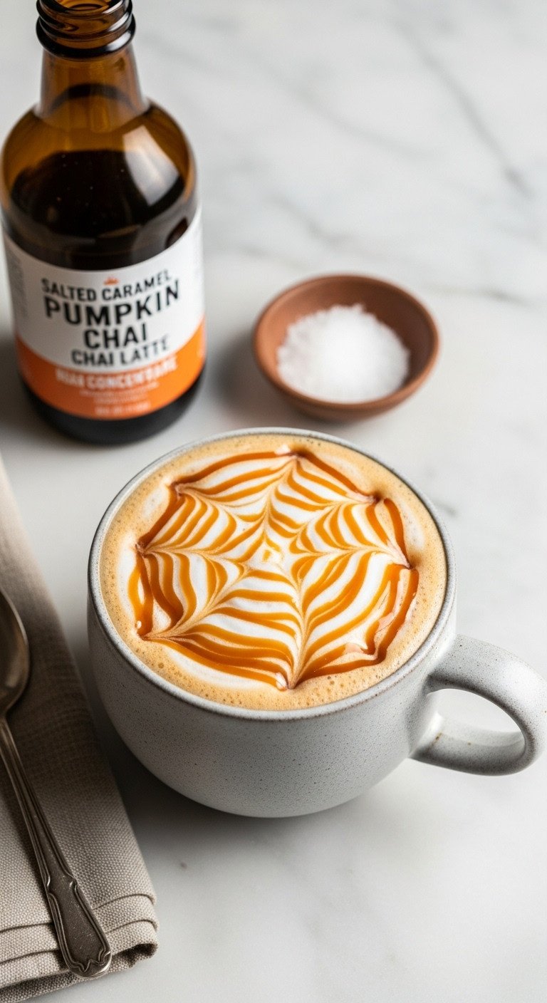 9 Cozy Pumpkin Coffee Fall Recipes Beyond Starbucks Lattes 5 Salted Caramel Pumpkin Chai Latte in a ceramic mug with frothed milk caramel sauce chai concentrate and sea salt on marble countertop