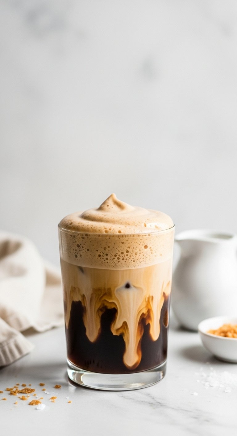 Perfect Cold Brew At Home With 7 Iced Coffee Recipes 8 Salted caramel cold brew with thick velvety cold foam, cascading into dark coffee, on white marble with cream and sea salt.