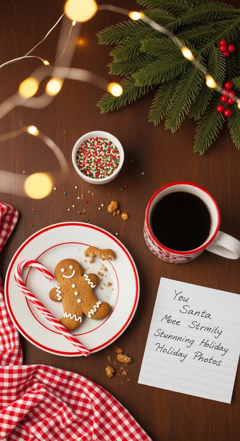Santa's midnight treat flat lay with coffee, half-eaten gingerbread man, candy cane, and note to Santa. Festive storytelling.