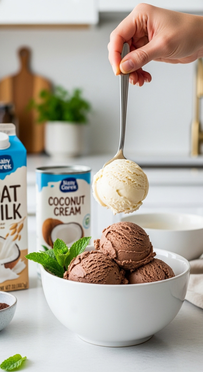 Scoop of dairy-free vanilla ice cream added to a punch bowl with chocolate ice cream oat milk and coconut cream in a bright kitchen