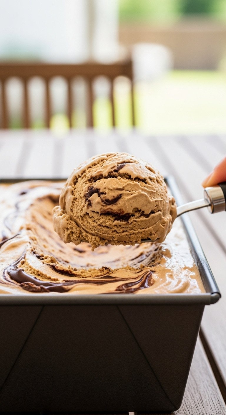 11 Effortless Cold Coffee Dessert Recipes To Make Today 13 Scoop of homemade no-churn cold brew ice cream with dark chocolate fudge swirls from loaf pan on rustic wood.
