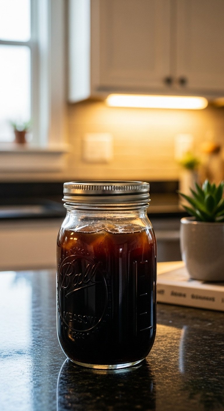 The Ultimate Mason Jar Cold Brew Guide To Avoid Mistakes 7 Sealed mason jar of dark, steeping cold brew on a granite counter in a cozy kitchen with warm golden light.