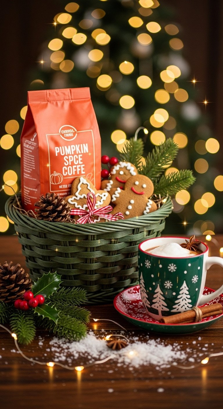 Seasonal and Themed Basket with pumpkin spice coffee gingerbread cookies winter mug pinecones and cinnamon stick on a dark wood table