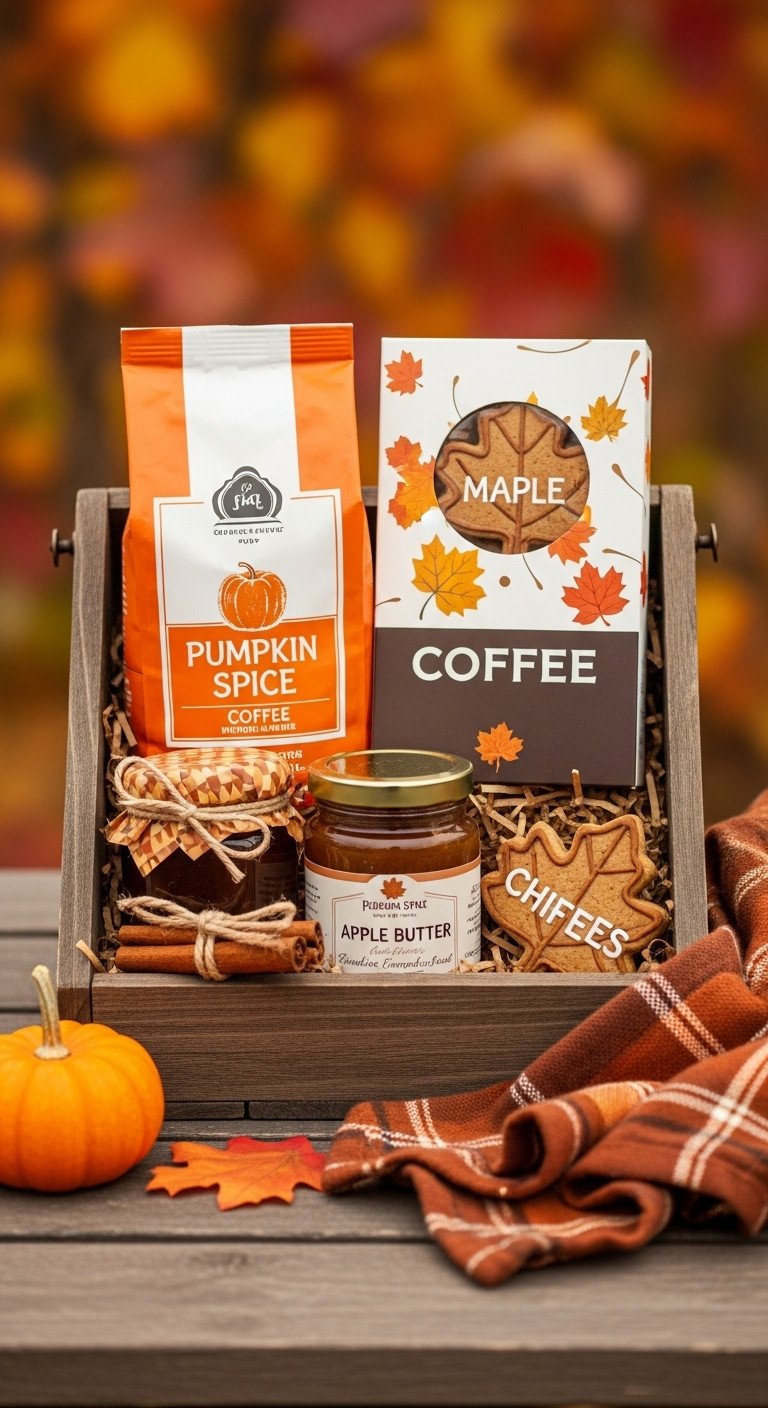 Seasonal autumn-themed coffee gift basket with pumpkin spice coffee apple butter and maple leaf cookies