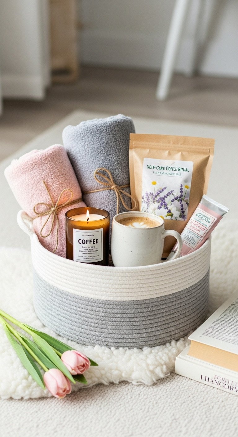 Self-care coffee ritual Easter basket with blanket coffee candle oversized cup infused coffee blend and hand cream