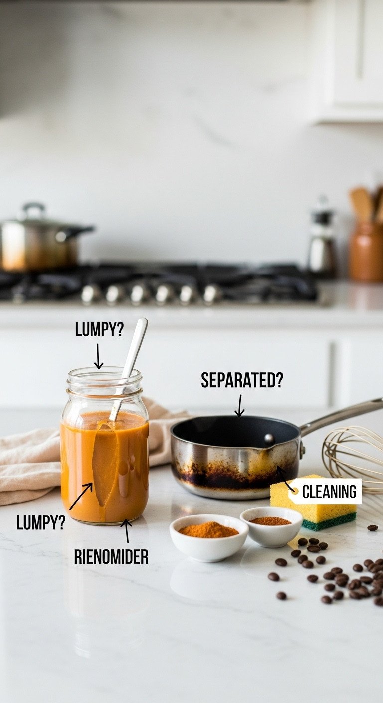Separated pumpkin creamer in a jar and a scorched saucepan, showing common homemade creamer issues on a counter.
