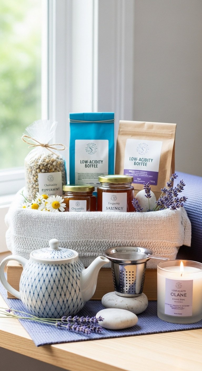 Serene gift basket with herbal teas organic honey low acidity light roast coffee ceramic teapot and lavender scented candle