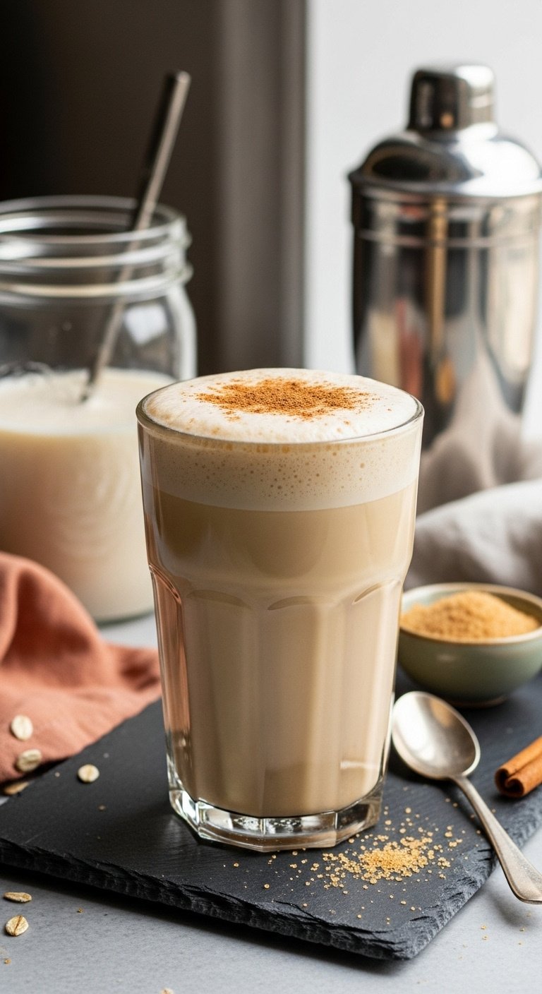 The Perfect Iced Coffee Recipe That Never Gets Watery 13 Shaken brown sugar oatmilk espresso in textured glass with frothy top, cinnamon, shaker, brown sugar.