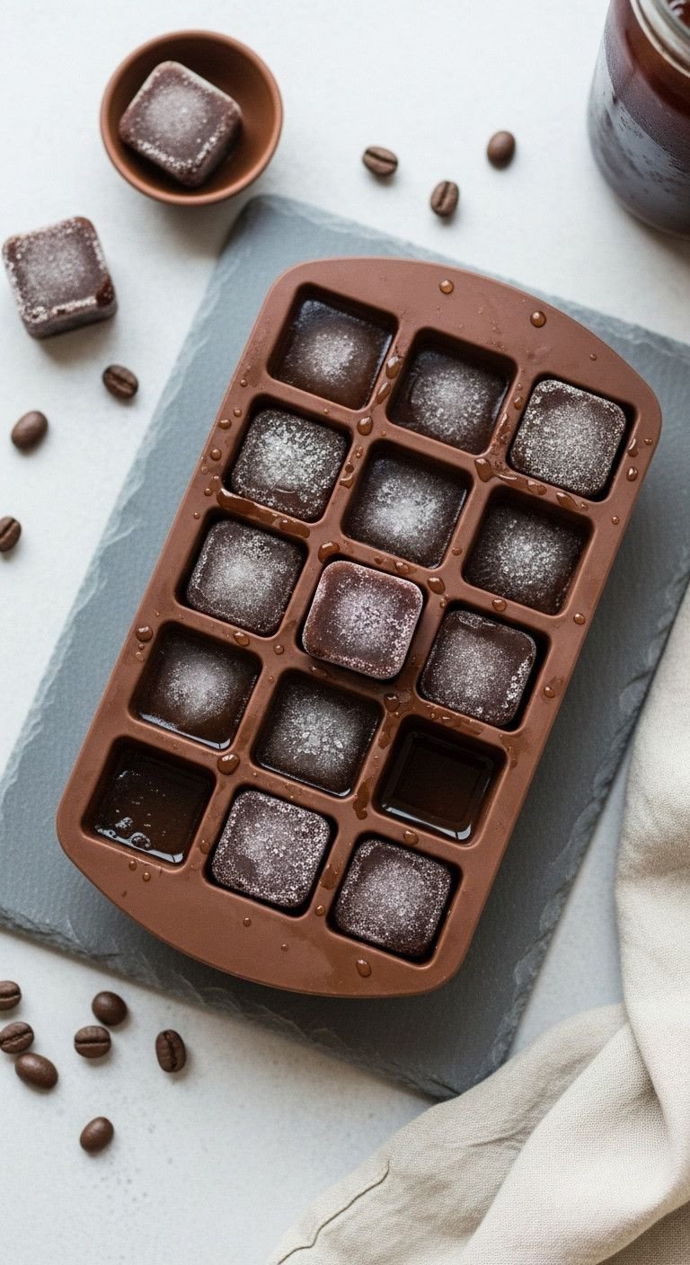 Silicone ice cube tray with dark frozen coffee cubes, frosty texture on gray slate. Perfect iced coffee hack, DIY cold brew.