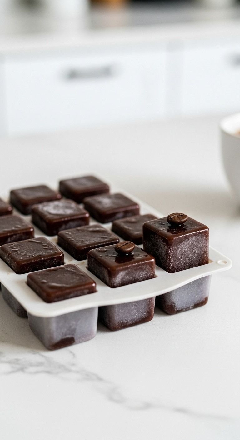 Silicone ice cube tray with dark, glossy frozen coffee cubes on a white quartz countertop, featuring a single coffee bean.
