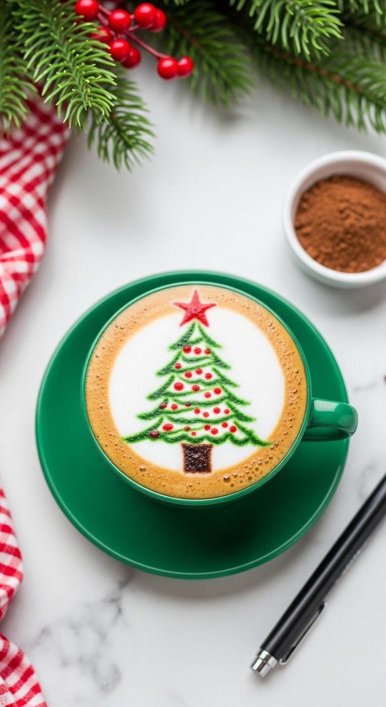 Simple Christmas tree etching latte art on marble counter with cocoa powder and etching pen for holiday coffee art