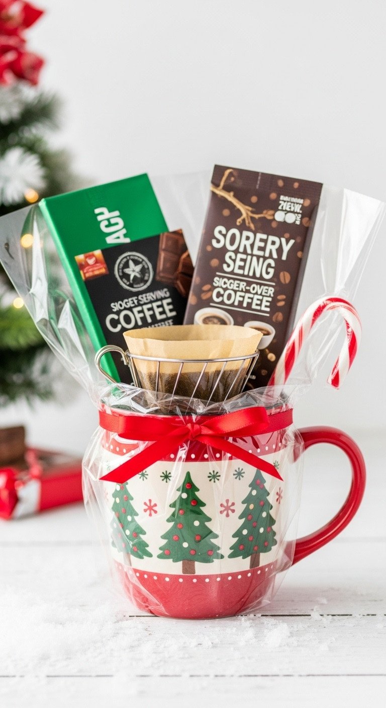 Simple DIY mug stuffer Christmas gift with festive mug coffee gift card pour-over packet chocolate bar and candy cane