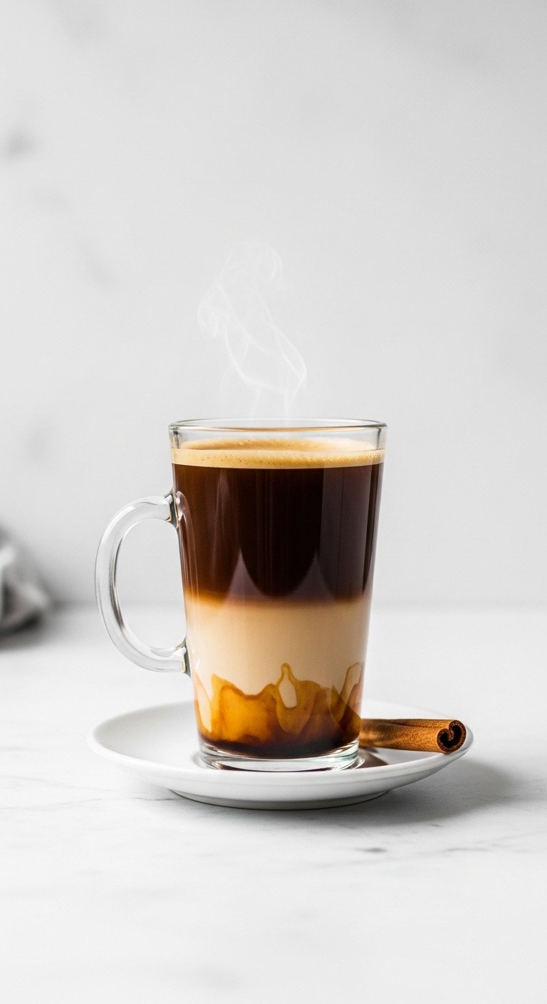 7 Cozy Hot Pumpkin Coffee Recipes Better Than Starbucks 5 Simple Pumpkin Spiced Americano in a clear glass mug on a white marble countertop with a cinnamon stick