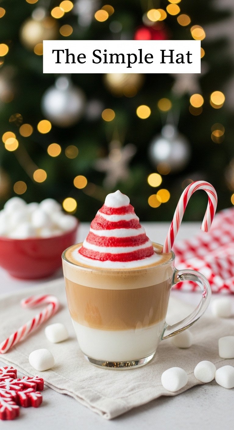 Simple Santa hat latte art in a glass mug on a white tablecloth with a candy cane and Christmas tree. Festive coffee.