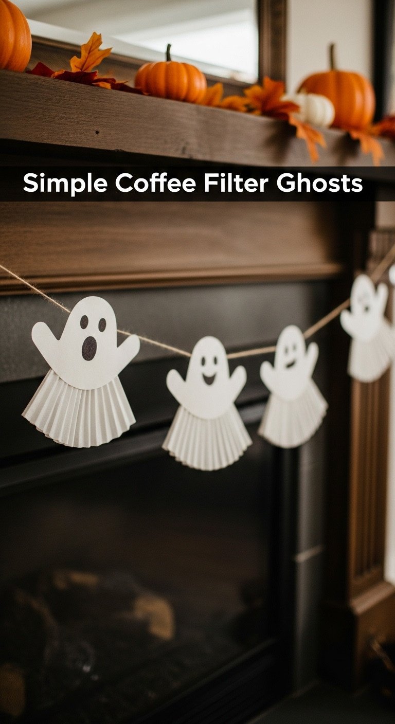 Simple coffee filter ghosts garland with hand-drawn faces hanging on a rustic wooden mantelpiece