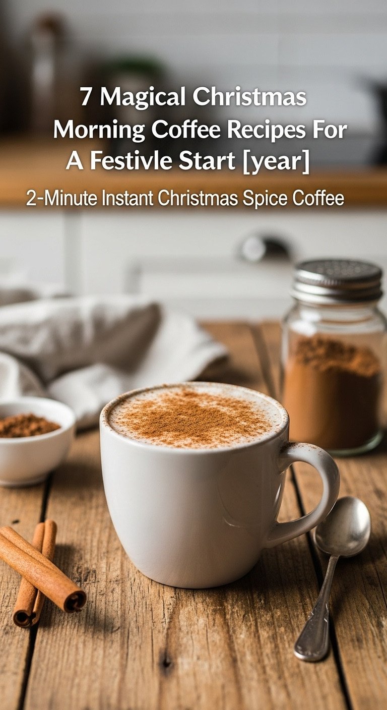 Simple steaming mug of instant Christmas spice coffee dusted with cinnamon on a worn wooden table in a blurred kitchen