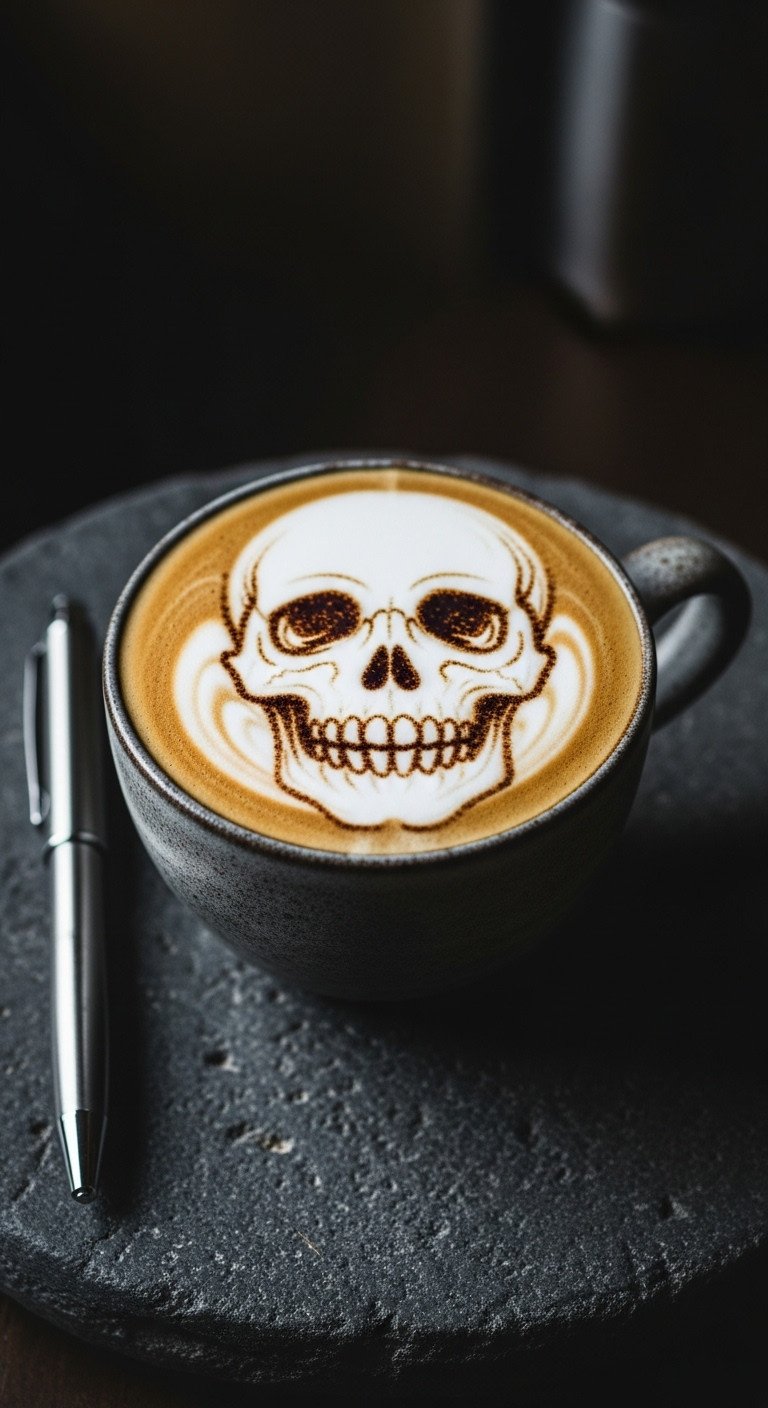 Skull Halloween latte art in a rustic dark gray mug on a textured stone surface with a latte art pen