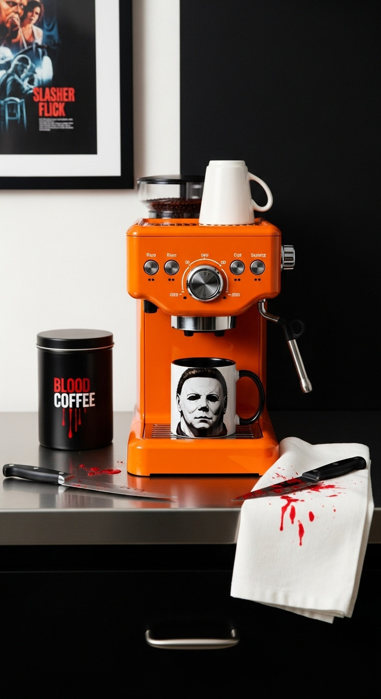 Slasher flick themed Halloween kitchen coffee bar with Michael Myers mug orange coffee machine bloody canister plastic knife and red splatters